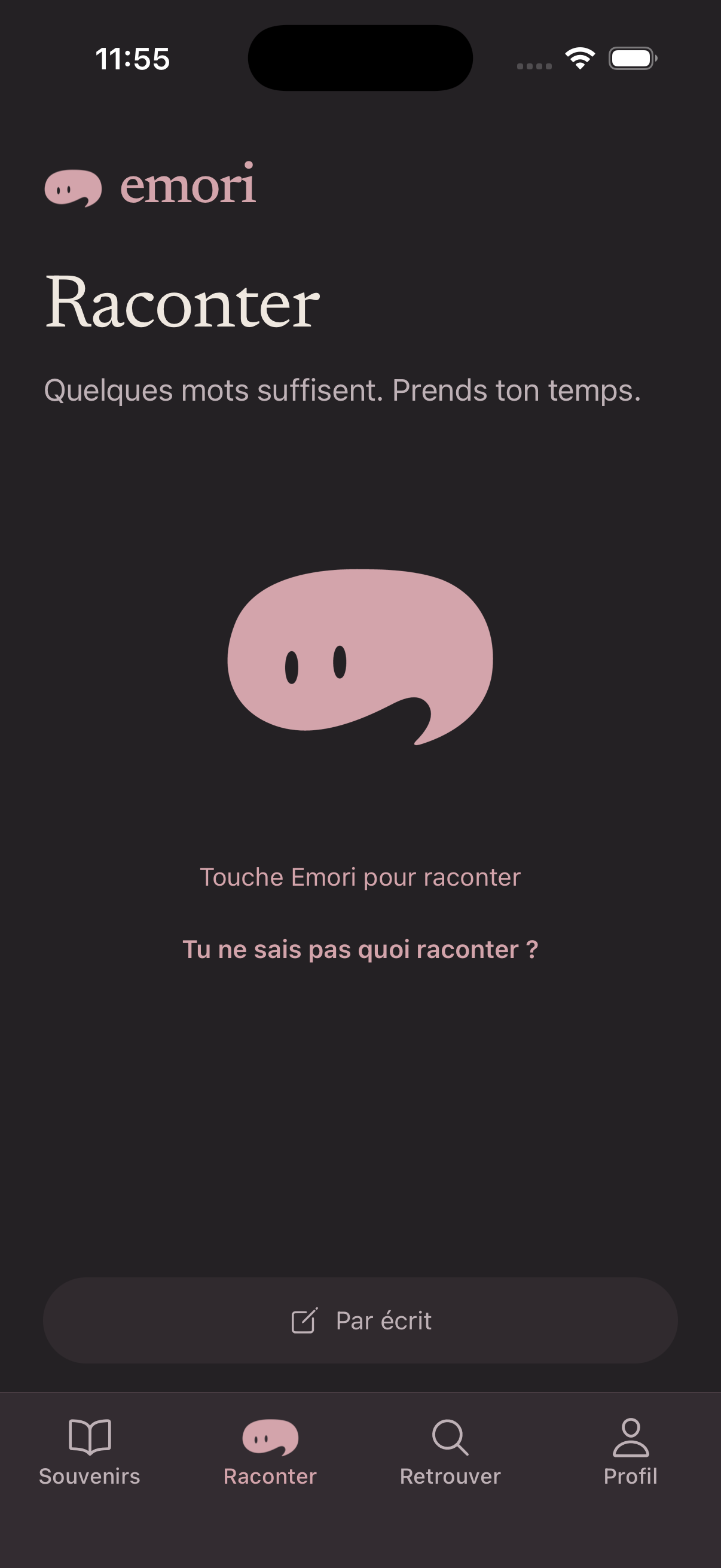 Écran Raconter d'Emori en mode sombre.