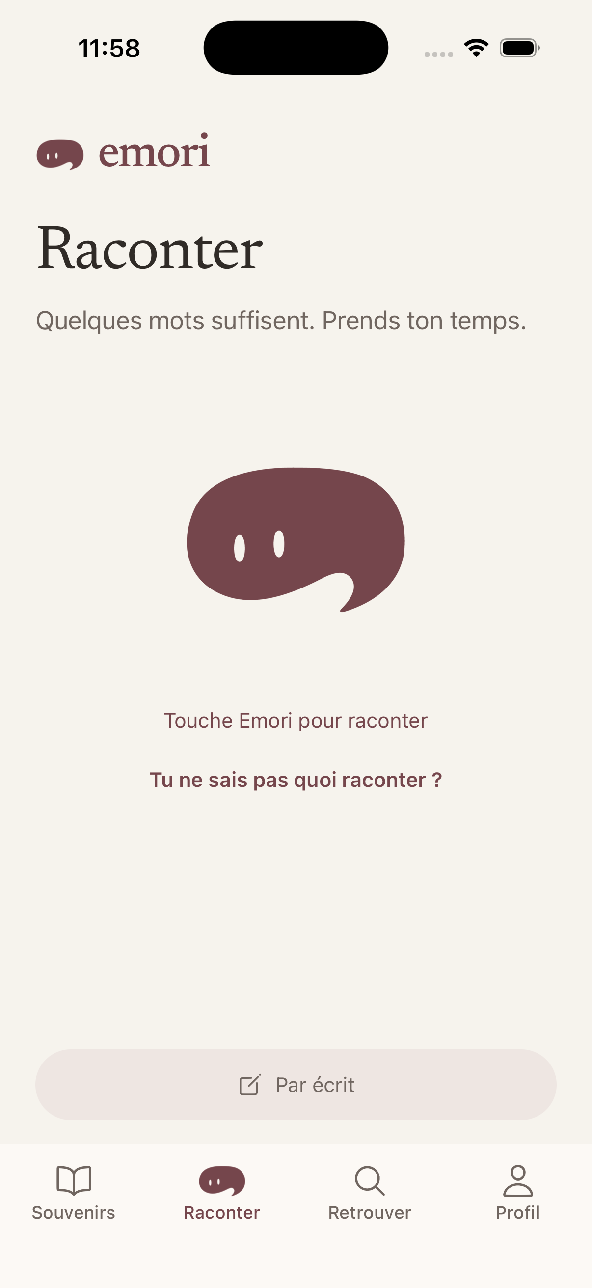 Écran Raconter d'Emori : un grand bouton pour enregistrer sa journée à la voix.