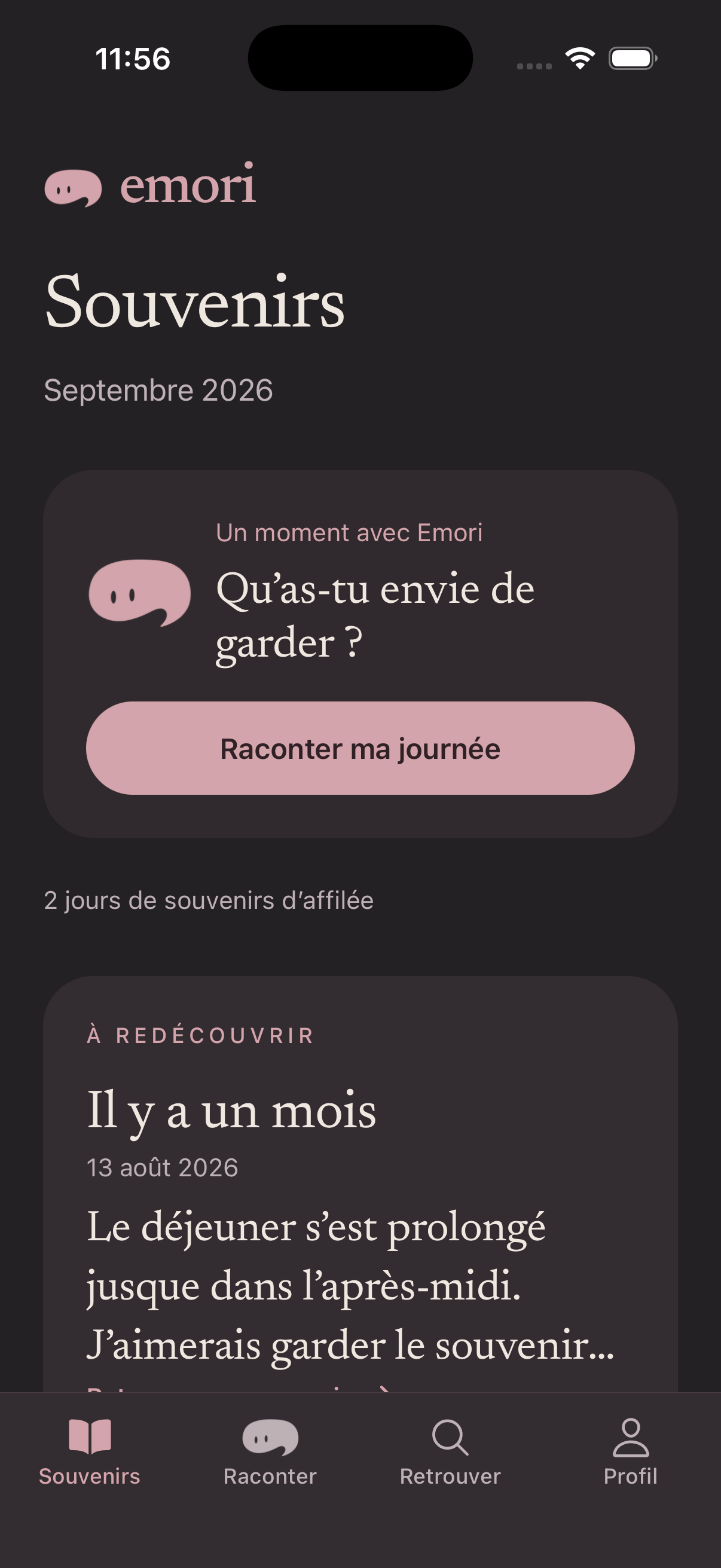 Le carnet de souvenirs d'Emori en mode sombre.