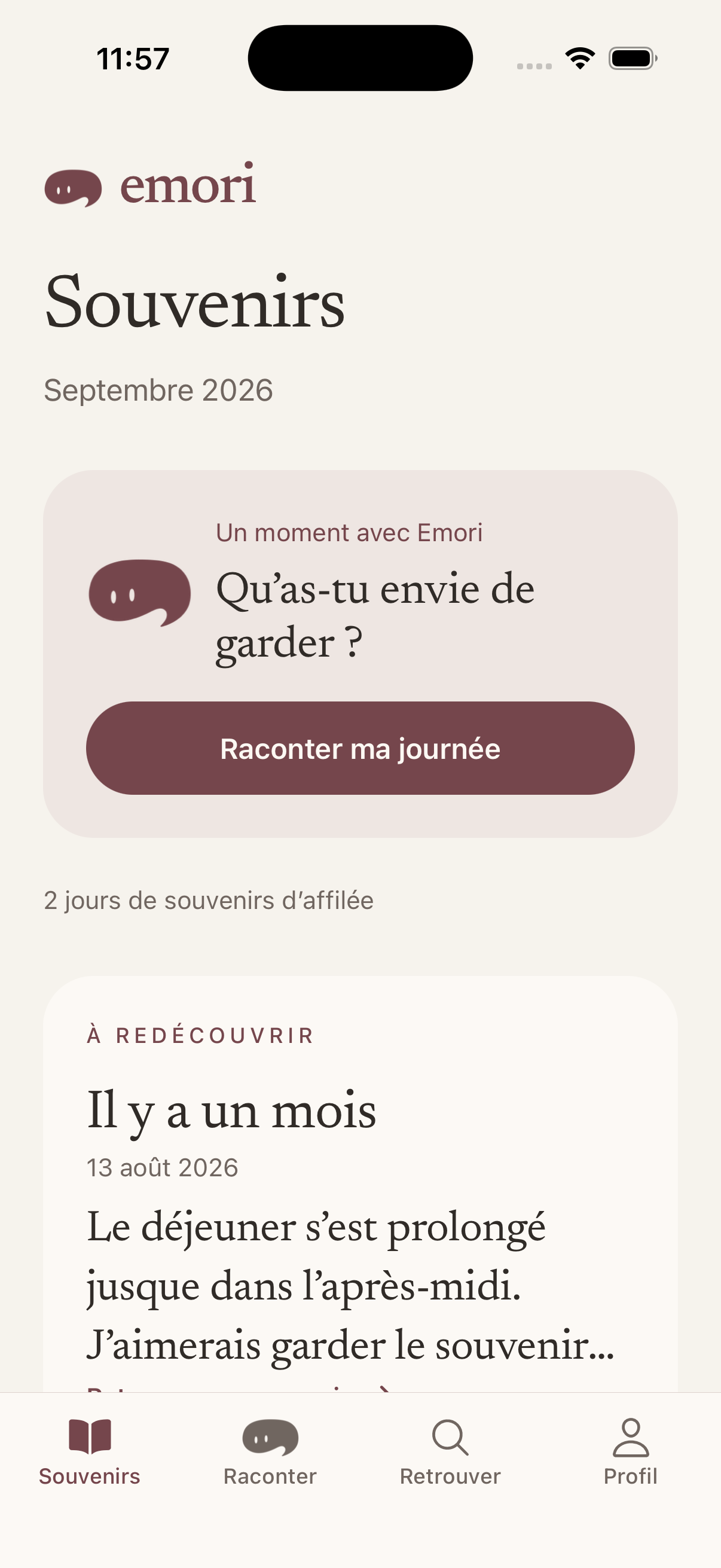 Le carnet de souvenirs d'Emori : une timeline calme, datée, avec un souvenir à redécouvrir.